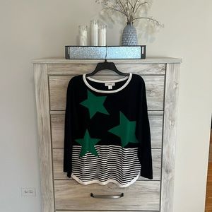 CJBanks - Beautiful Blue & Green Sweater with Stars - Stripes - Size Large